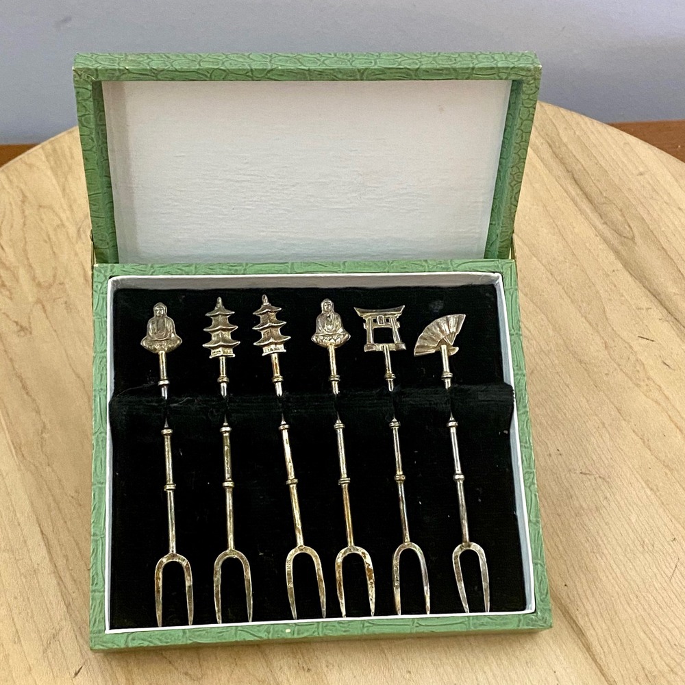 Vintage Japanese Export Sterling Silver Figural Cocktail Forks Set of 6 Boxed
